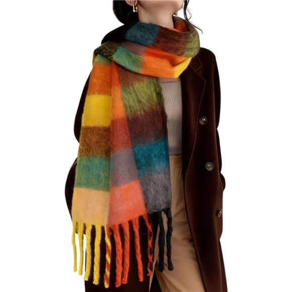 Womens winter plaid scarf oversized blanket wrap warm thick soft shawl scarf - Picture 1 of 7